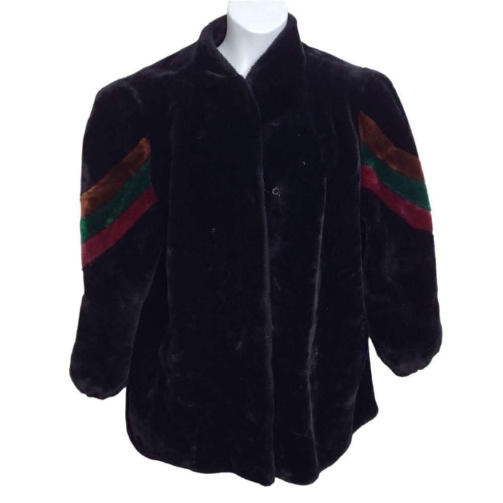 VINTAGE 80s black faux‎ fur fuzzy teddy bear coat with stripes on sleeves XL